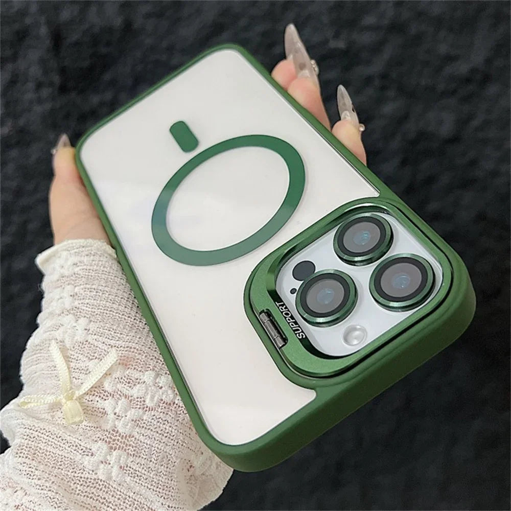 Luxury Magnetic Shockproof Phone Case For iPhone 16 15 14 13 12 11 Pro Max 16 Plus For Magsafe Stand Glass Lens Protector Cover