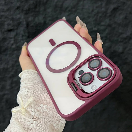 Luxury Magnetic Shockproof Phone Case For iPhone 16 15 14 13 12 11 Pro Max 16 Plus For Magsafe Stand Glass Lens Protector Cover