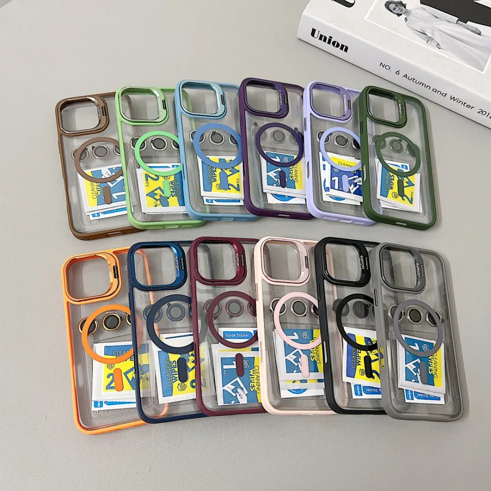 Luxury Magnetic Shockproof Phone Case For iPhone 16 15 14 13 12 11 Pro Max 16 Plus For Magsafe Stand Glass Lens Protector Cover