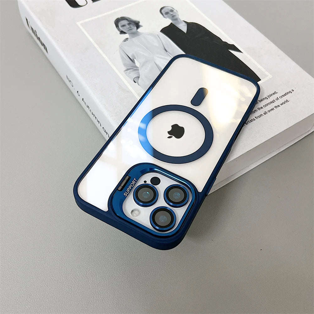 Luxury Magnetic Shockproof Phone Case For iPhone 16 15 14 13 12 11 Pro Max 16 Plus For Magsafe Stand Glass Lens Protector Cover