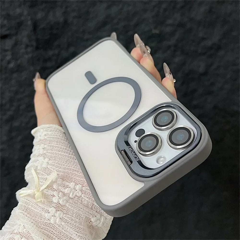 Luxury Magnetic Shockproof Phone Case For iPhone 16 15 14 13 12 11 Pro Max 16 Plus For Magsafe Stand Glass Lens Protector Cover