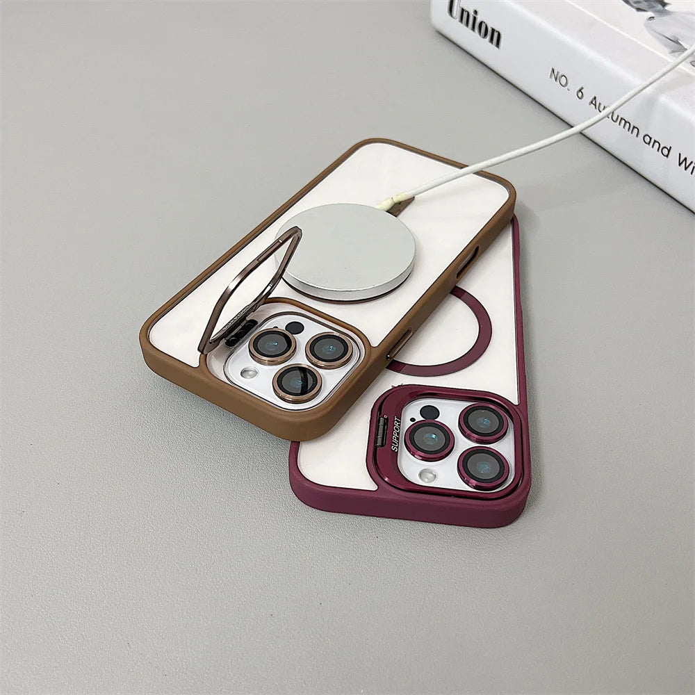 Luxury Magnetic Shockproof Phone Case For iPhone 16 15 14 13 12 11 Pro Max 16 Plus For Magsafe Stand Glass Lens Protector Cover