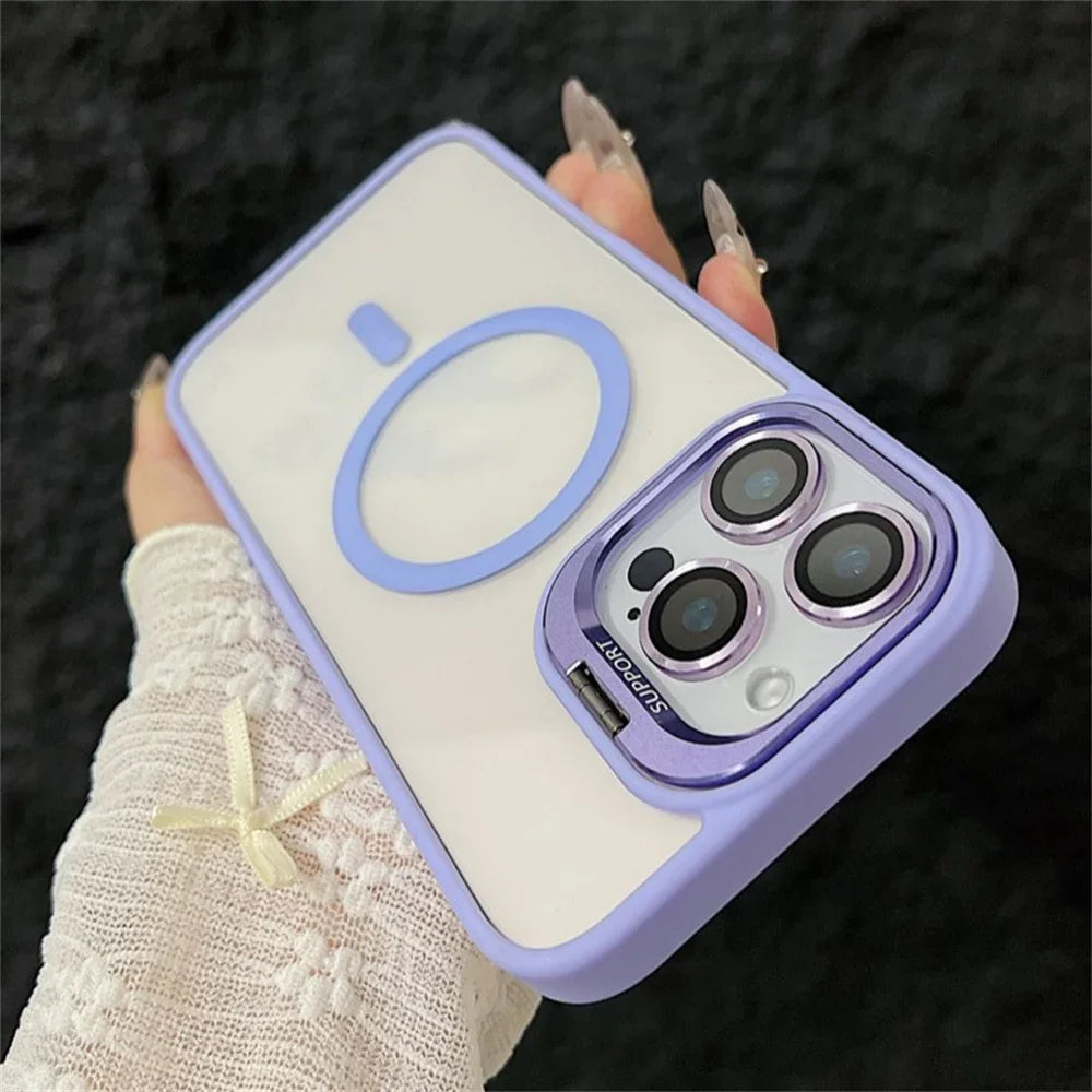 Luxury Magnetic Shockproof Phone Case For iPhone 16 15 14 13 12 11 Pro Max 16 Plus For Magsafe Stand Glass Lens Protector Cover