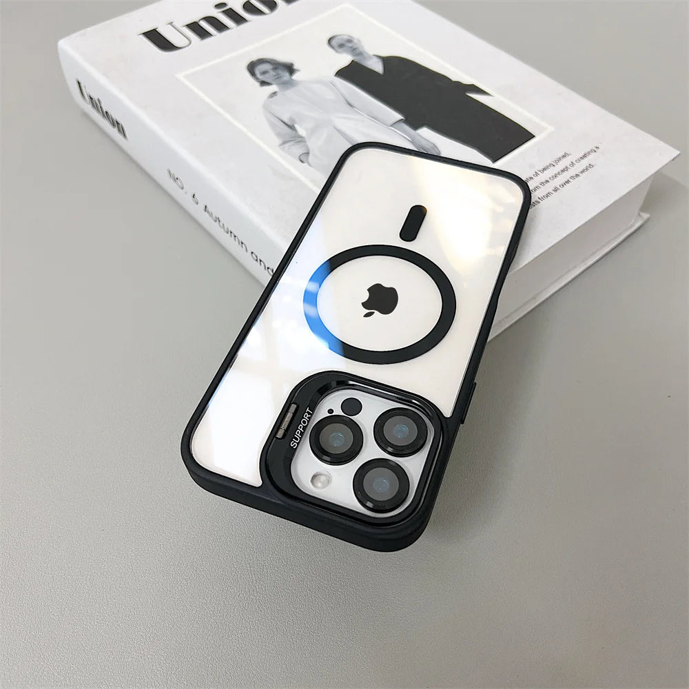 Luxury Magnetic Shockproof Phone Case For iPhone 16 15 14 13 12 11 Pro Max 16 Plus For Magsafe Stand Glass Lens Protector Cover