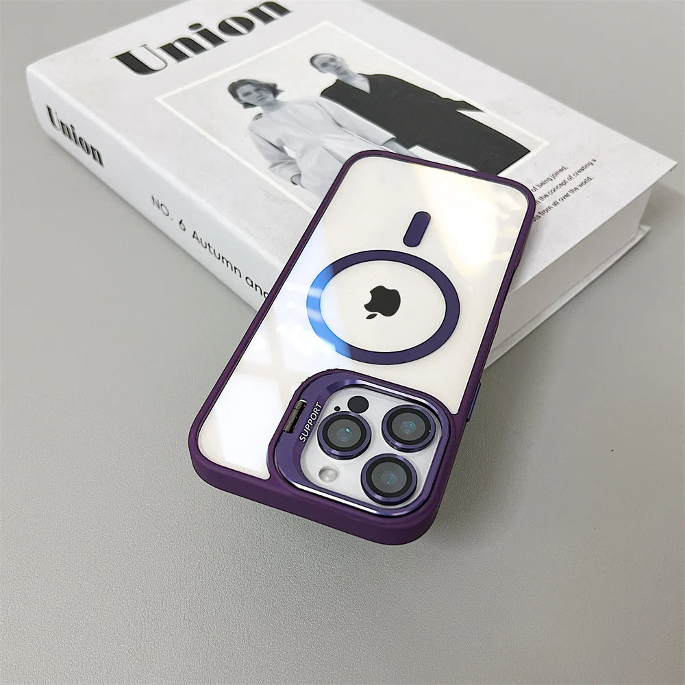 Luxury Magnetic Shockproof Phone Case For iPhone 16 15 14 13 12 11 Pro Max 16 Plus For Magsafe Stand Glass Lens Protector Cover