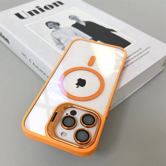Luxury Magnetic Shockproof Phone Case For iPhone 16 15 14 13 12 11 Pro Max 16 Plus For Magsafe Stand Glass Lens Protector Cover