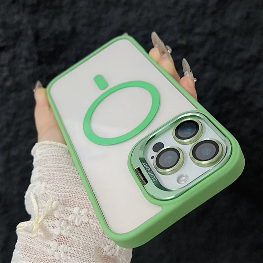 Luxury Magnetic Shockproof Phone Case For iPhone 16 15 14 13 12 11 Pro Max 16 Plus For Magsafe Stand Glass Lens Protector Cover
