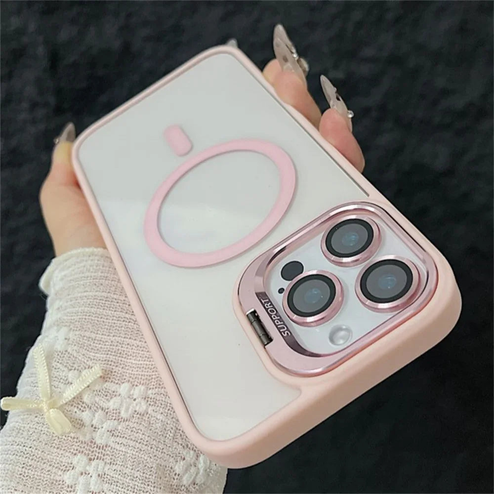 Luxury Magnetic Shockproof Phone Case For iPhone 16 15 14 13 12 11 Pro Max 16 Plus For Magsafe Stand Glass Lens Protector Cover