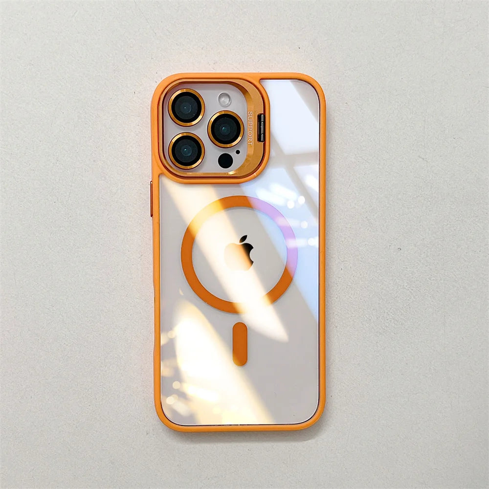 Luxury Magnetic Shockproof Phone Case For iPhone 16 15 14 13 12 11 Pro Max 16 Plus For Magsafe Stand Glass Lens Protector Cover