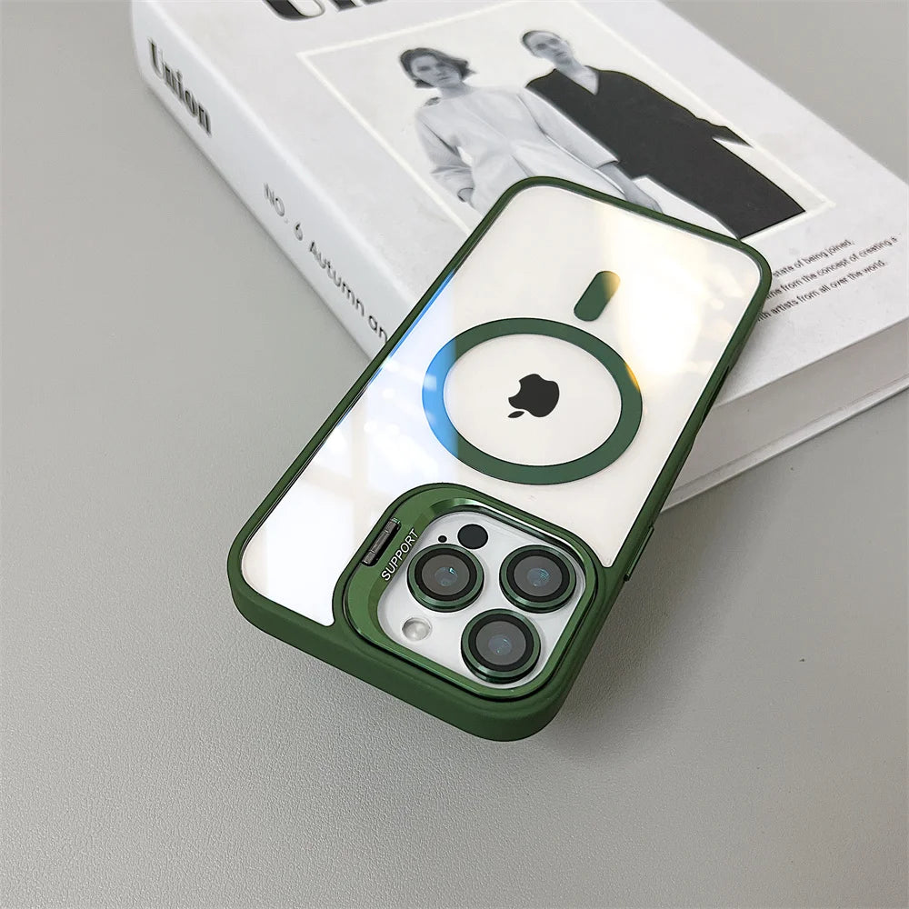 Luxury Magnetic Shockproof Phone Case For iPhone 16 15 14 13 12 11 Pro Max 16 Plus For Magsafe Stand Glass Lens Protector Cover
