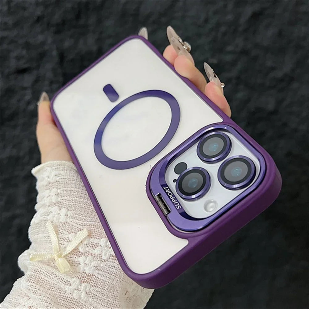 Luxury Magnetic Shockproof Phone Case For iPhone 16 15 14 13 12 11 Pro Max 16 Plus For Magsafe Stand Glass Lens Protector Cover