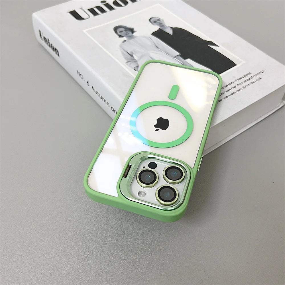 Luxury Magnetic Shockproof Phone Case For iPhone 16 15 14 13 12 11 Pro Max 16 Plus For Magsafe Stand Glass Lens Protector Cover