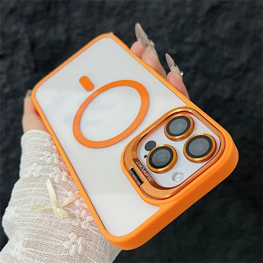 Luxury Magnetic Shockproof Phone Case For iPhone 16 15 14 13 12 11 Pro Max 16 Plus For Magsafe Stand Glass Lens Protector Cover