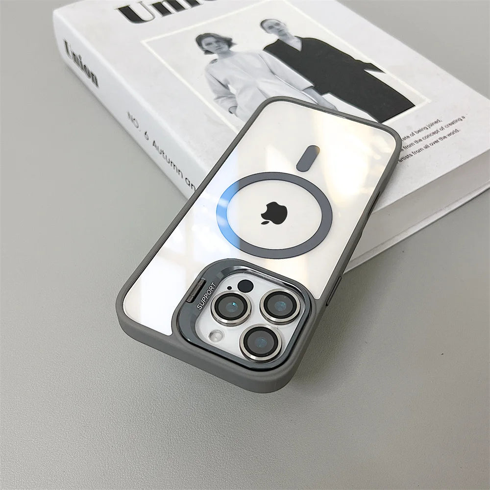 Luxury Magnetic Shockproof Phone Case For iPhone 16 15 14 13 12 11 Pro Max 16 Plus For Magsafe Stand Glass Lens Protector Cover