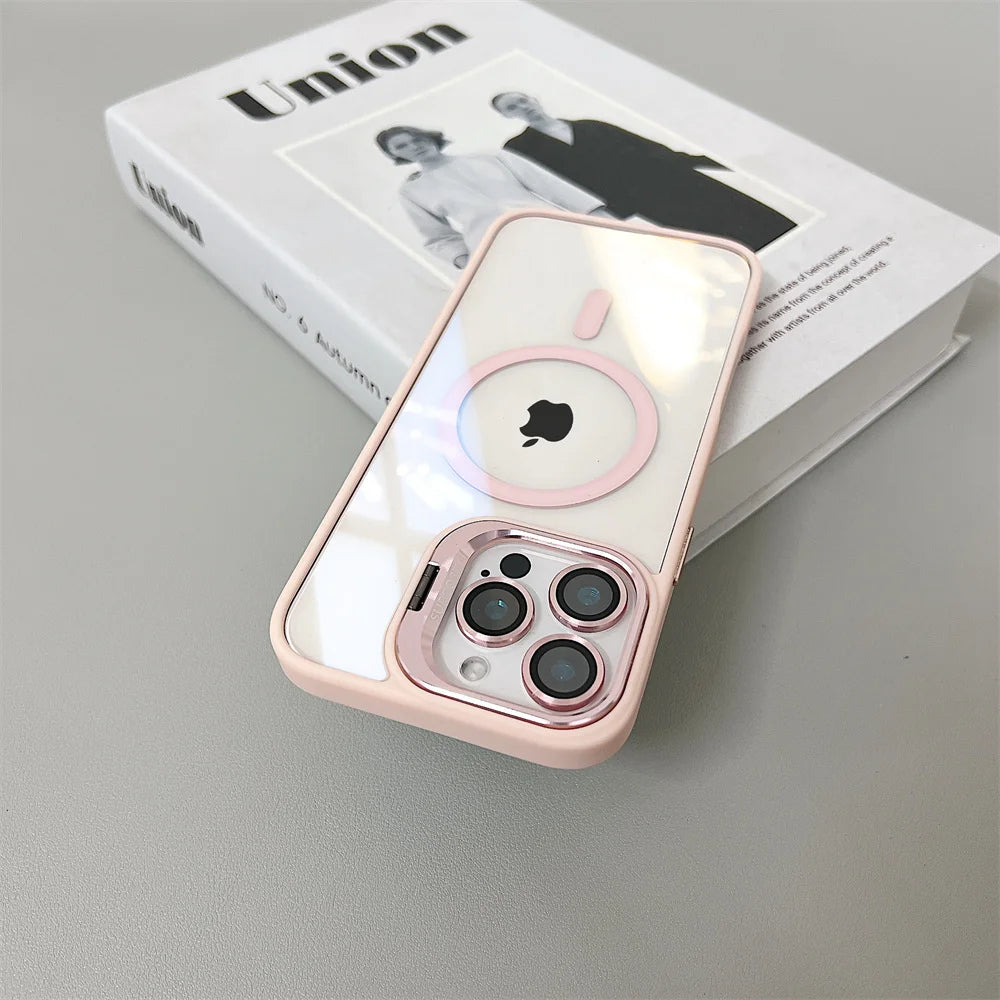 Luxury Magnetic Shockproof Phone Case For iPhone 16 15 14 13 12 11 Pro Max 16 Plus For Magsafe Stand Glass Lens Protector Cover
