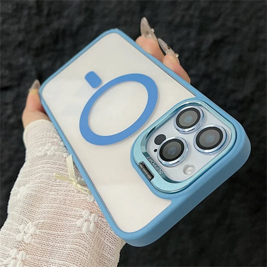 Luxury Magnetic Shockproof Phone Case For iPhone 16 15 14 13 12 11 Pro Max 16 Plus For Magsafe Stand Glass Lens Protector Cover