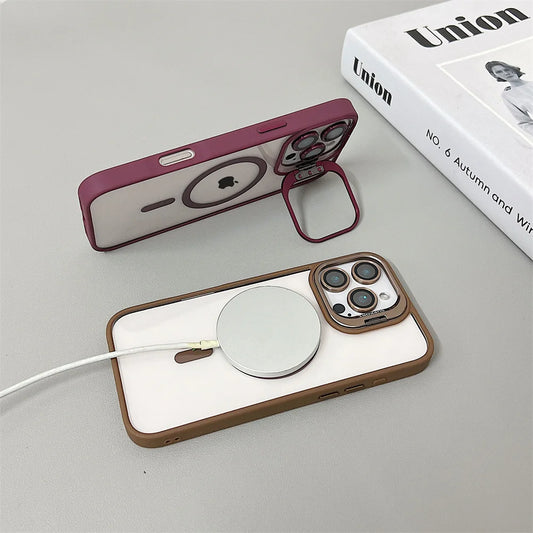Luxury Magnetic Shockproof Phone Case For iPhone 16 15 14 13 12 11 Pro Max 16 Plus For Magsafe Stand Glass Lens Protector Cover
