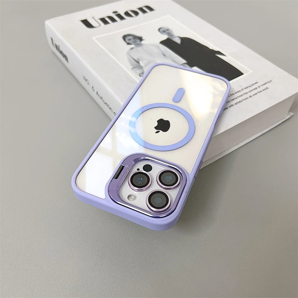 Luxury Magnetic Shockproof Phone Case For iPhone 16 15 14 13 12 11 Pro Max 16 Plus For Magsafe Stand Glass Lens Protector Cover