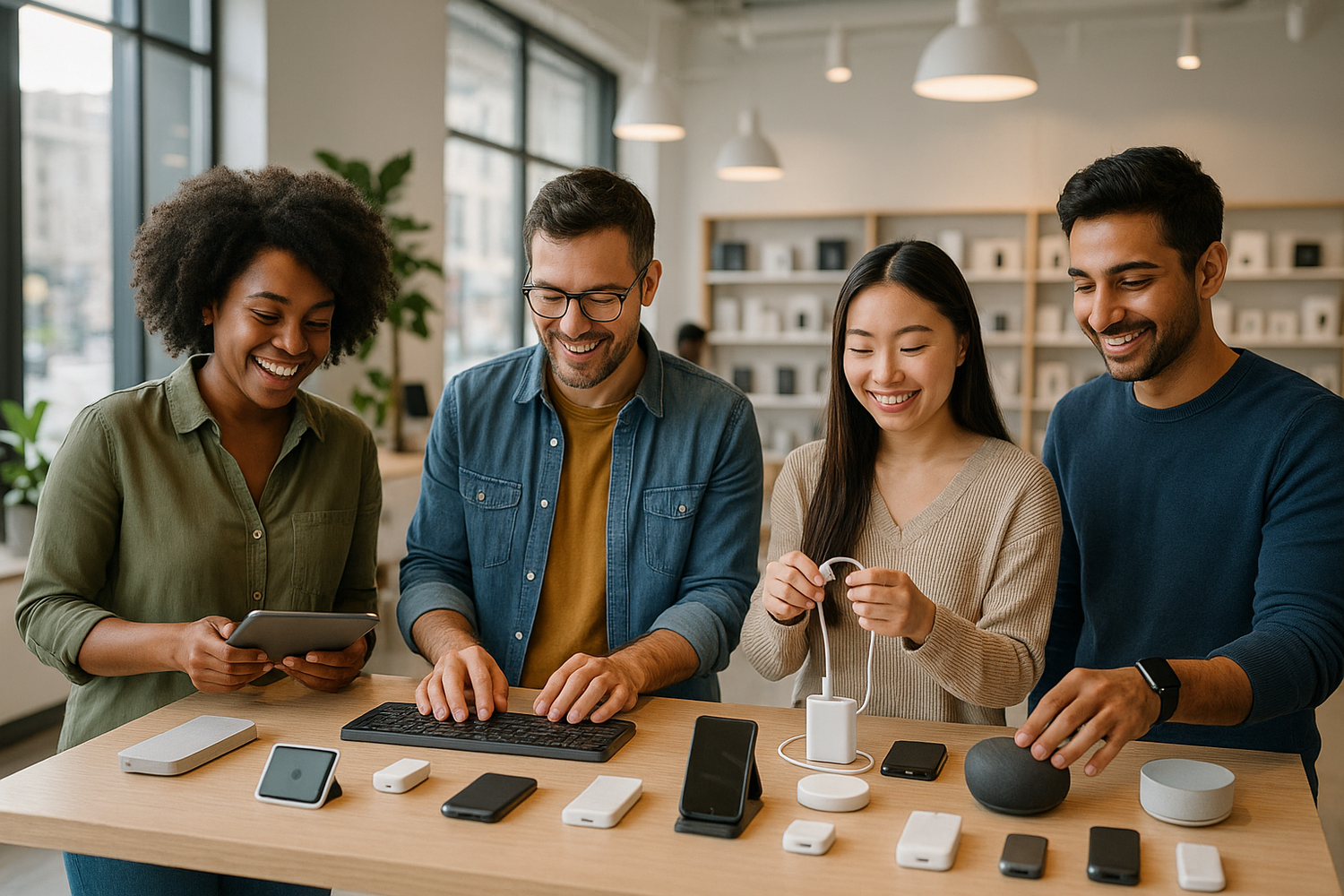 A group of diverse people browsing and testing smart gadgets in a modern tech store or co-working space. They are smiling, engaged, and discovering practical devices like wireless keyboards, portable chargers, and smart accessories. The environment feels welcoming, bright, and organized, symbolizing trust and reliability. Natural lighting, clean modern aesthetic, realistic photography style.