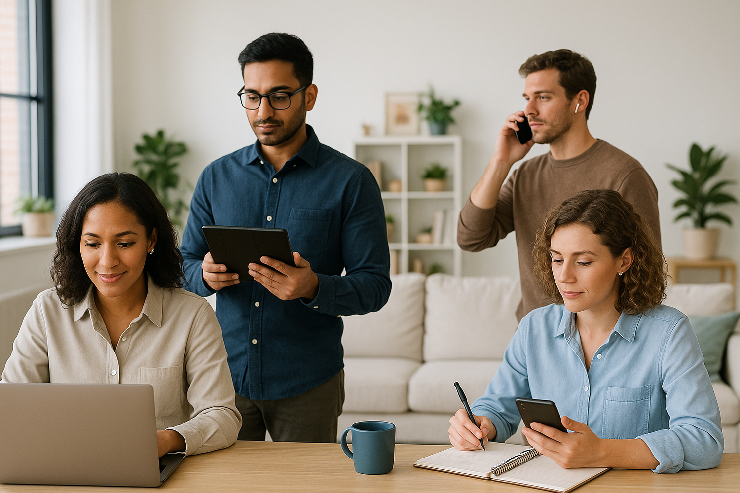 A professional lifestyle photo of diverse working people in a modern office and home setup, using smart gadgets and portable devices to stay productive. Show a mix of men and women — one working on a laptop, another using a tablet, someone with wireless earbuds on a call, and another writing notes while referencing a smart device. Bright natural lighting, modern aesthetic, casual but professional atmosphere, realistic photography style.